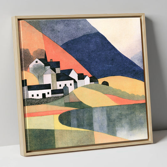 Lakeside Village and Indigo Fells lake district village canvas wall art in natural frame