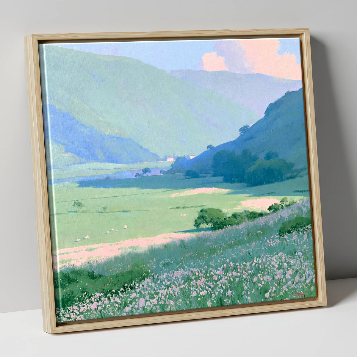 Blue Fells and Wildflower Meadow lake district valley canvas wall art in natural frame