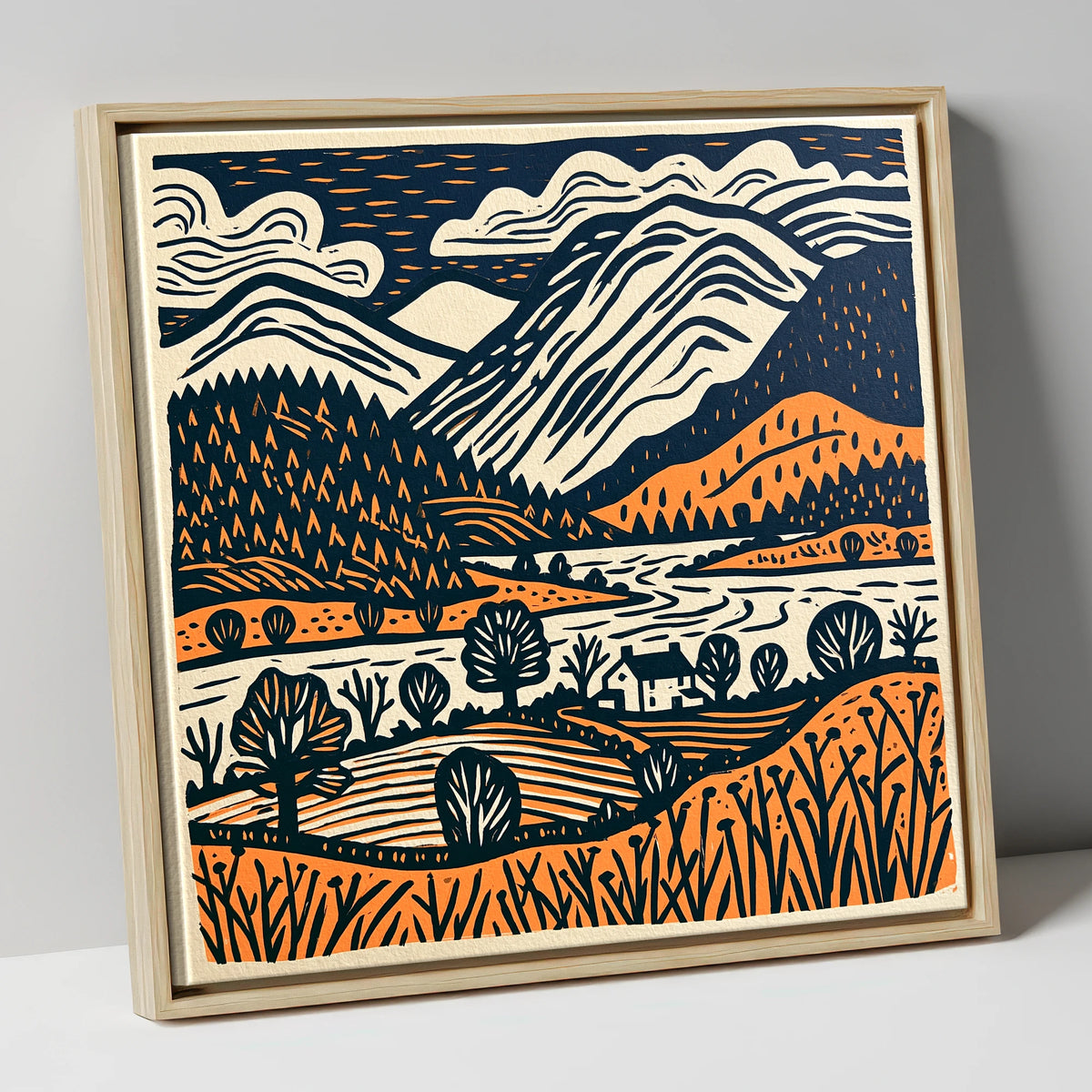 Grasmere Fells in Terracotta and Navy lake district lake canvas wall art in natural frame