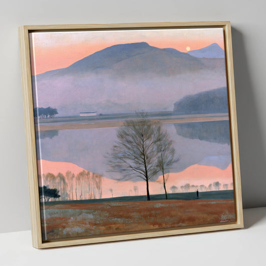 Lake Reflection in Pink Twilight lake district lake canvas wall art in natural frame
