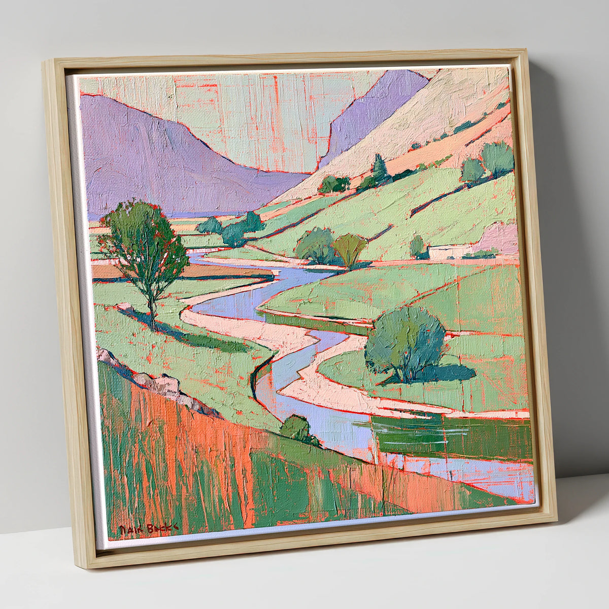 Winding River In Pastel Fells lake district waterfall canvas wall art in natural frame