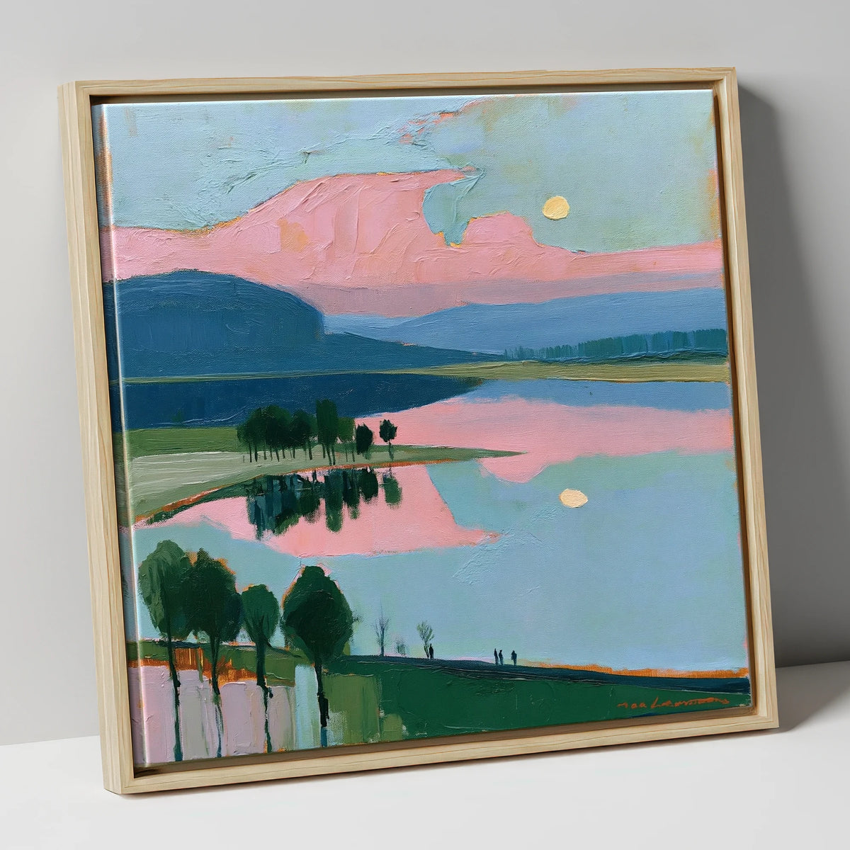 Blush Pink Lake at Dawn lake district lake canvas wall art in natural frame