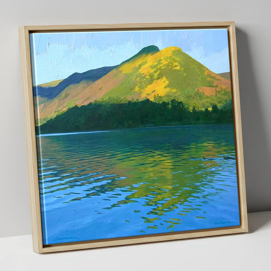 Sunlit Cat Bells Over Water lake district fell canvas wall art in natural frame