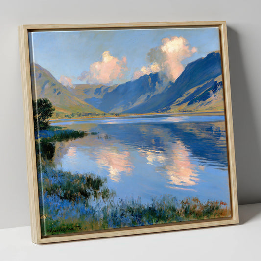 Sunlit Clouds over Blue Fells lake district lake canvas wall art in natural frame