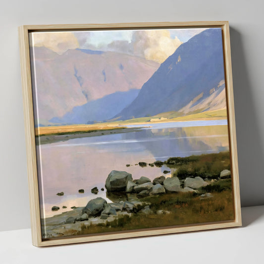 Lake Reflections Beneath Lavender Fells lake district lake canvas wall art in natural frame