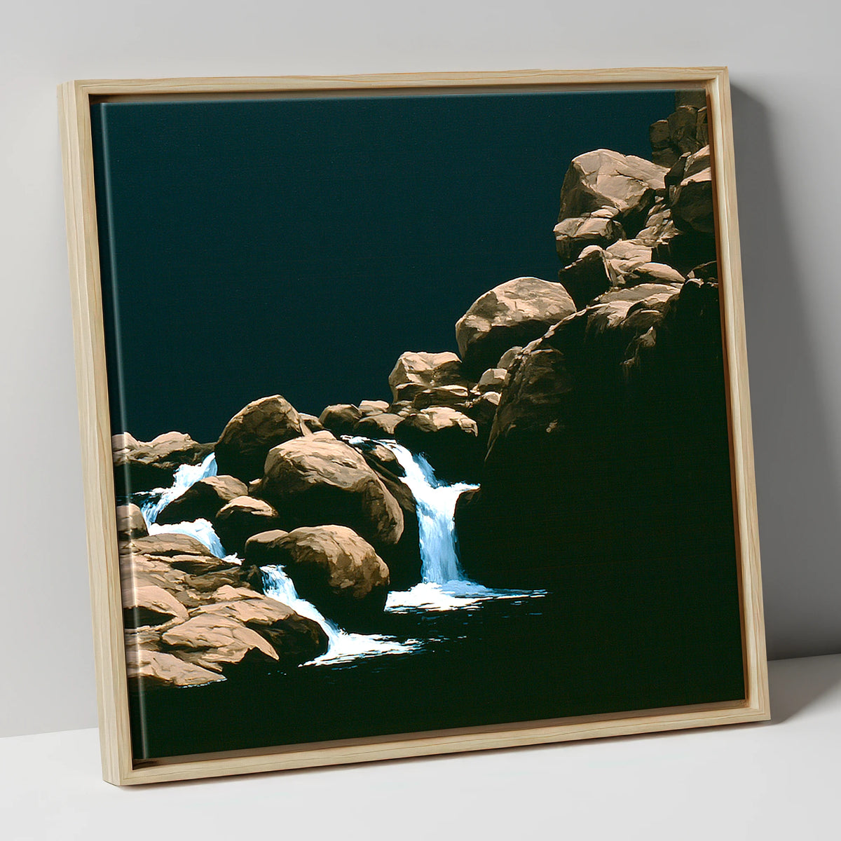 Tumbling Waterfall Among Sunlit Boulders lake district waterfall canvas wall art in natural frame