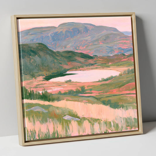 Lake and Fells in Pastel Light lake district lake canvas wall art in natural frame