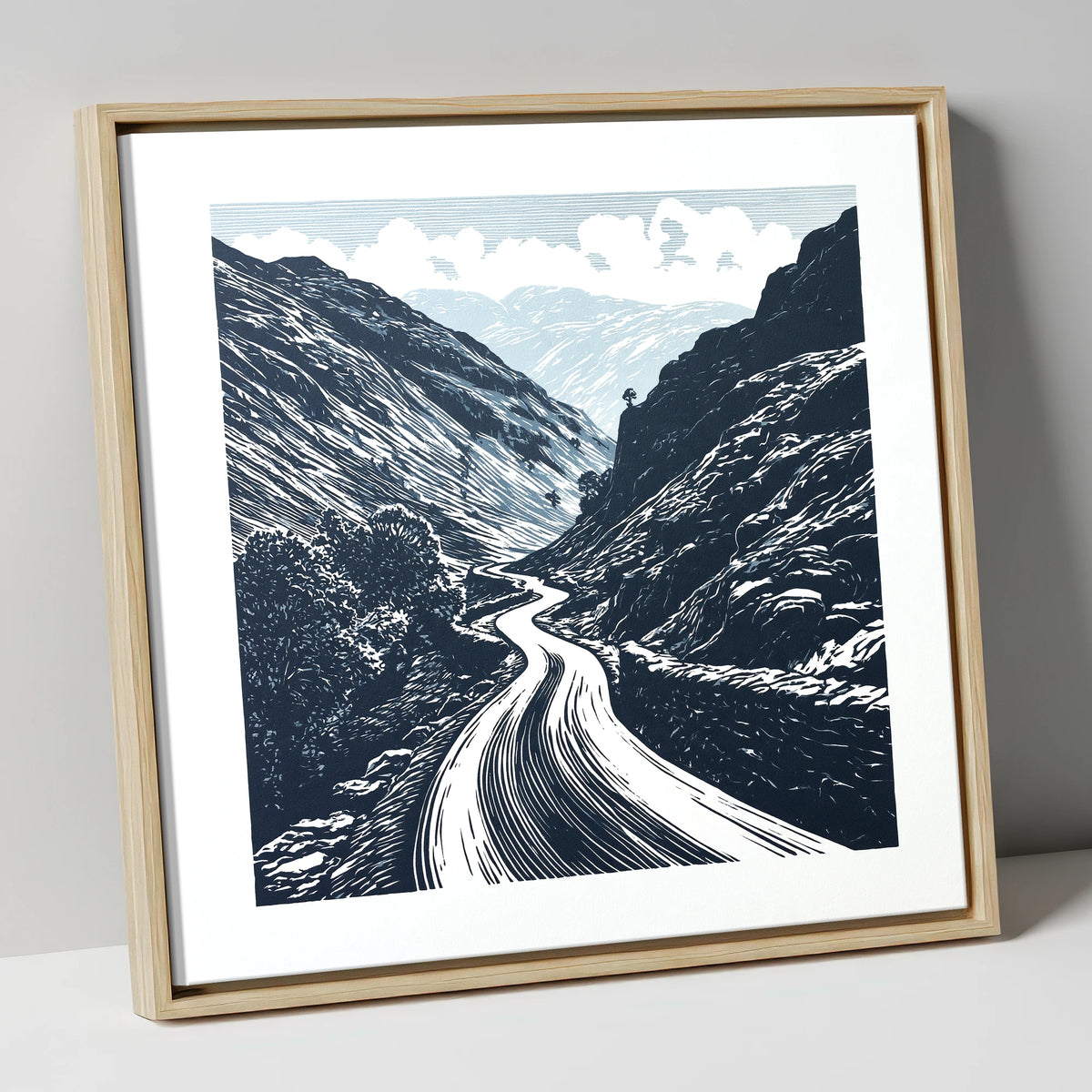 Navy Blue Hardknott Pass Road lake district valley canvas wall art in natural frame
