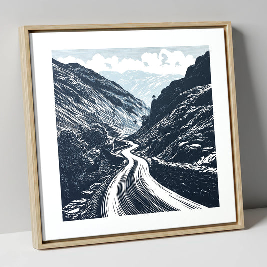 Navy Blue Hardknott Pass Road lake district valley canvas wall art in natural frame