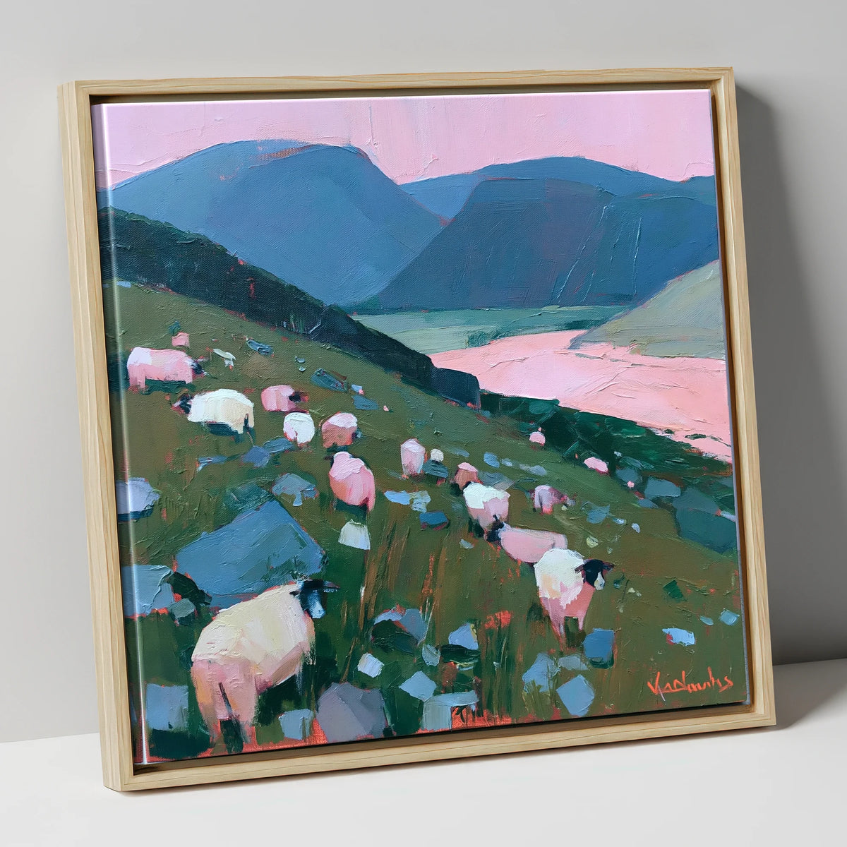 Herdwick Sheep Under Pink Skies lake district wildlife canvas wall art in natural frame