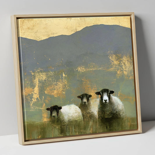 Herdwick Sheep beneath Gilded Fells lake district wildlife canvas wall art in natural frame