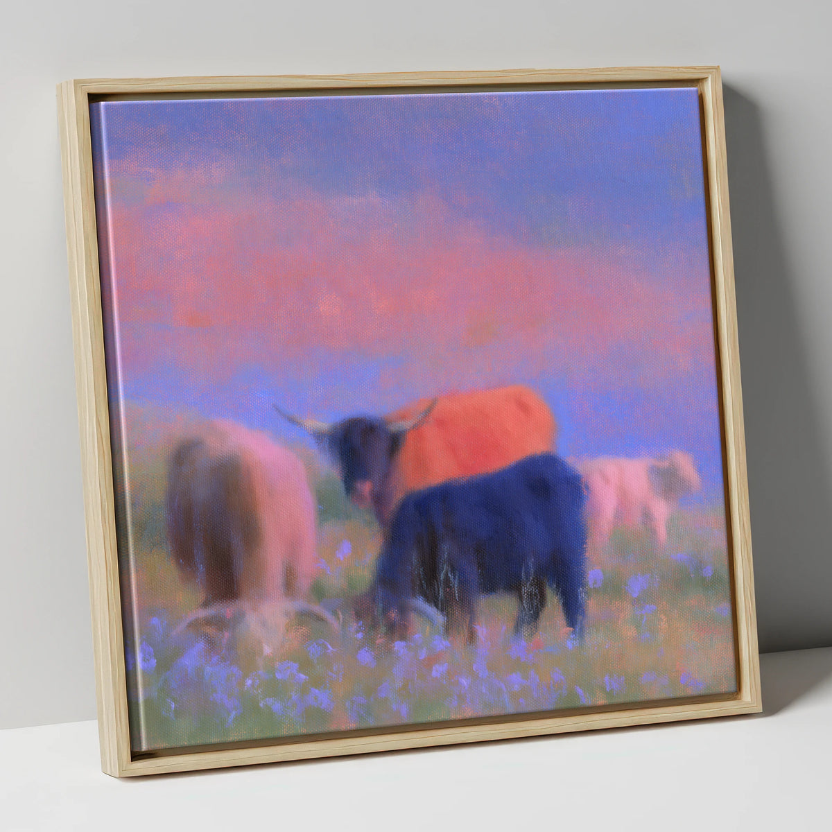 Highland Cattle in Pink Twilight lake district wildlife canvas wall art in natural frame