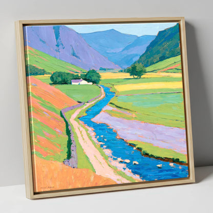 Winding Beck Through Vibrant Fells lake district valley canvas wall art in natural frame