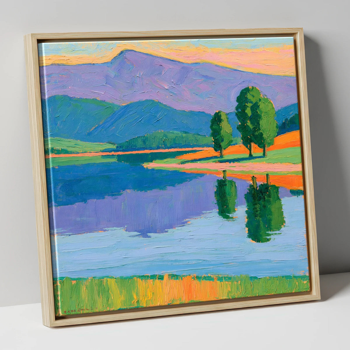 Calm Lake Under Violet Fells lake district lake canvas wall art in natural frame