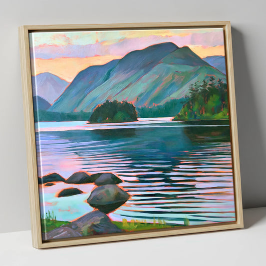 Derwentwater Sunset Over Catbells lake district lake canvas wall art in natural frame