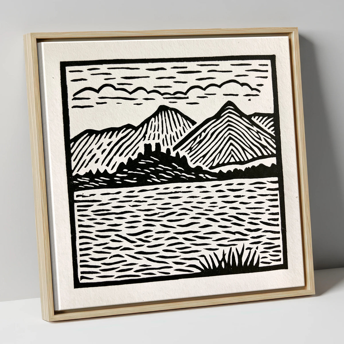 Monochrome Derwentwater Fells lake district lake canvas wall art in natural frame