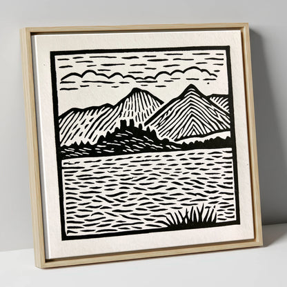Monochrome Derwentwater Fells lake district lake canvas wall art in natural frame