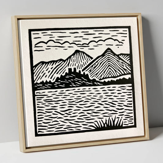 Monochrome Derwentwater Fells lake district lake canvas wall art in natural frame
