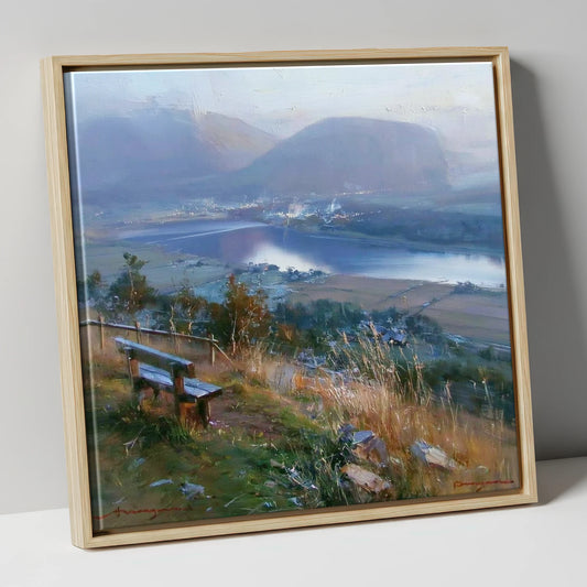 Elevated Bench Over Loweswater lake district lake canvas wall art in natural frame