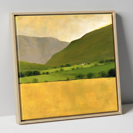 Golden Field Below the Fells lake district valley canvas wall art in natural frame