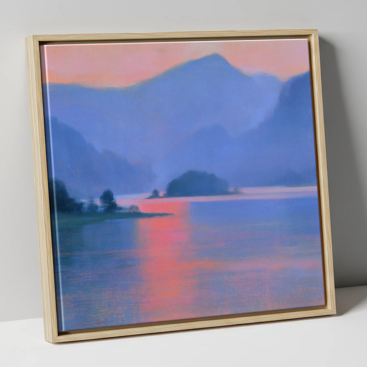 Derwentwater and Catbells in Pink Light lake district lake canvas wall art in natural frame
