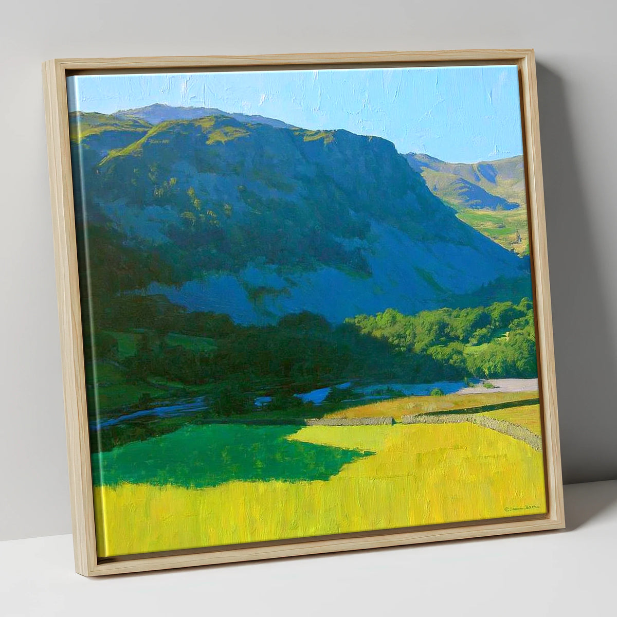 Arnison Crag Over Sunlit Fields lake district fell canvas wall art in natural frame