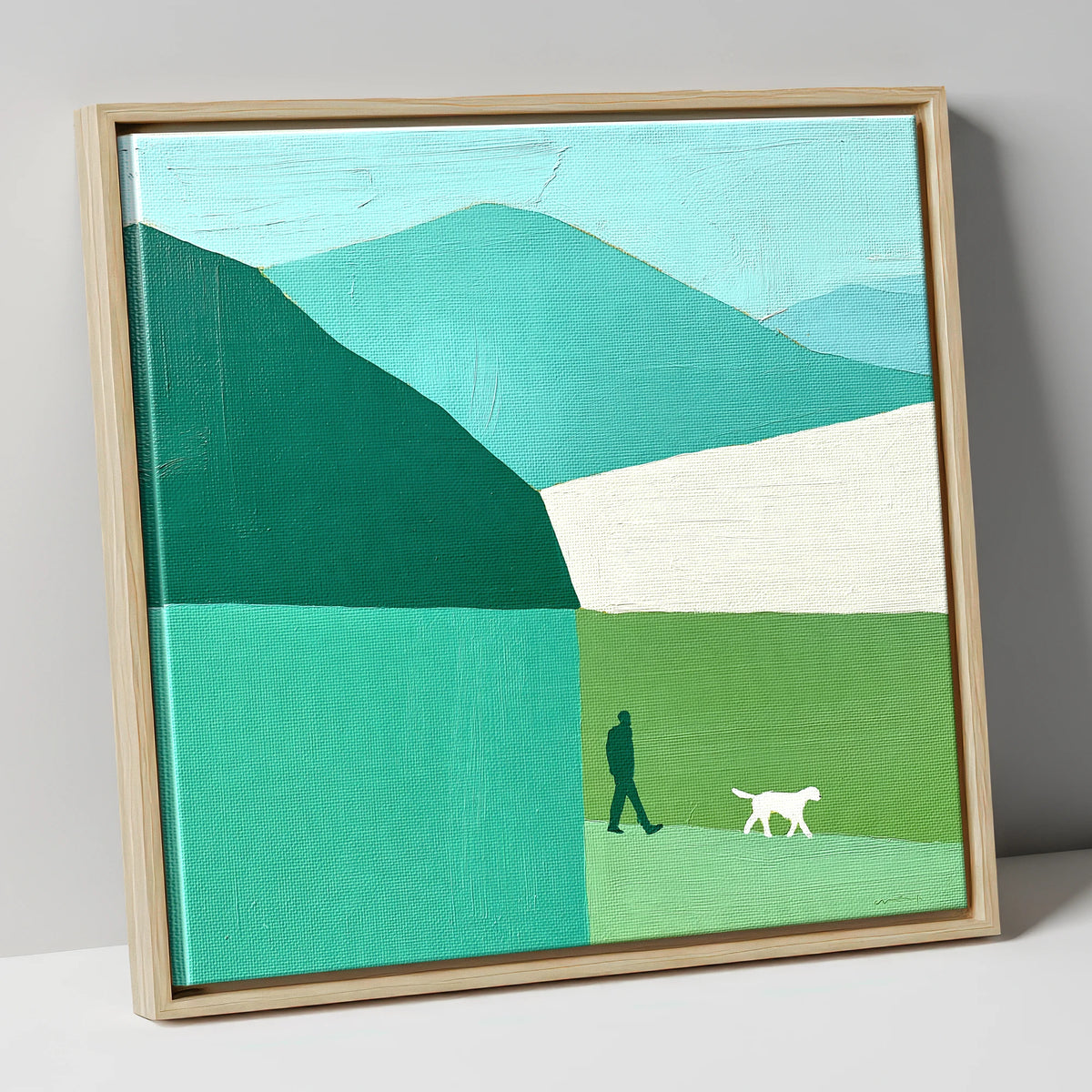 Braithwaite Dog Walker in Teal gifts for dog walkers canvas wall art in natural frame