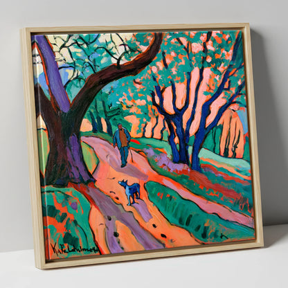 Vibrant Ambleside Woodland Dog Walk gifts for dog walkers canvas wall art in natural frame
