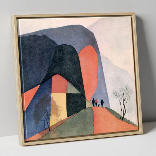 Walkers on a Terracotta Fell Path lake district walking canvas wall art in natural frame