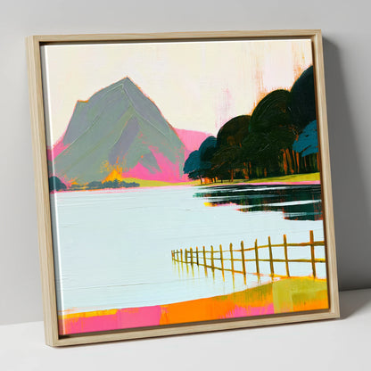 Vibrant Pink Shores Of Buttermere lake district lake canvas wall art in natural frame
