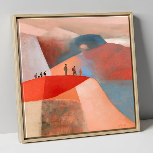 Hikers on a Terracotta Ridge lake district fell canvas wall art in natural frame