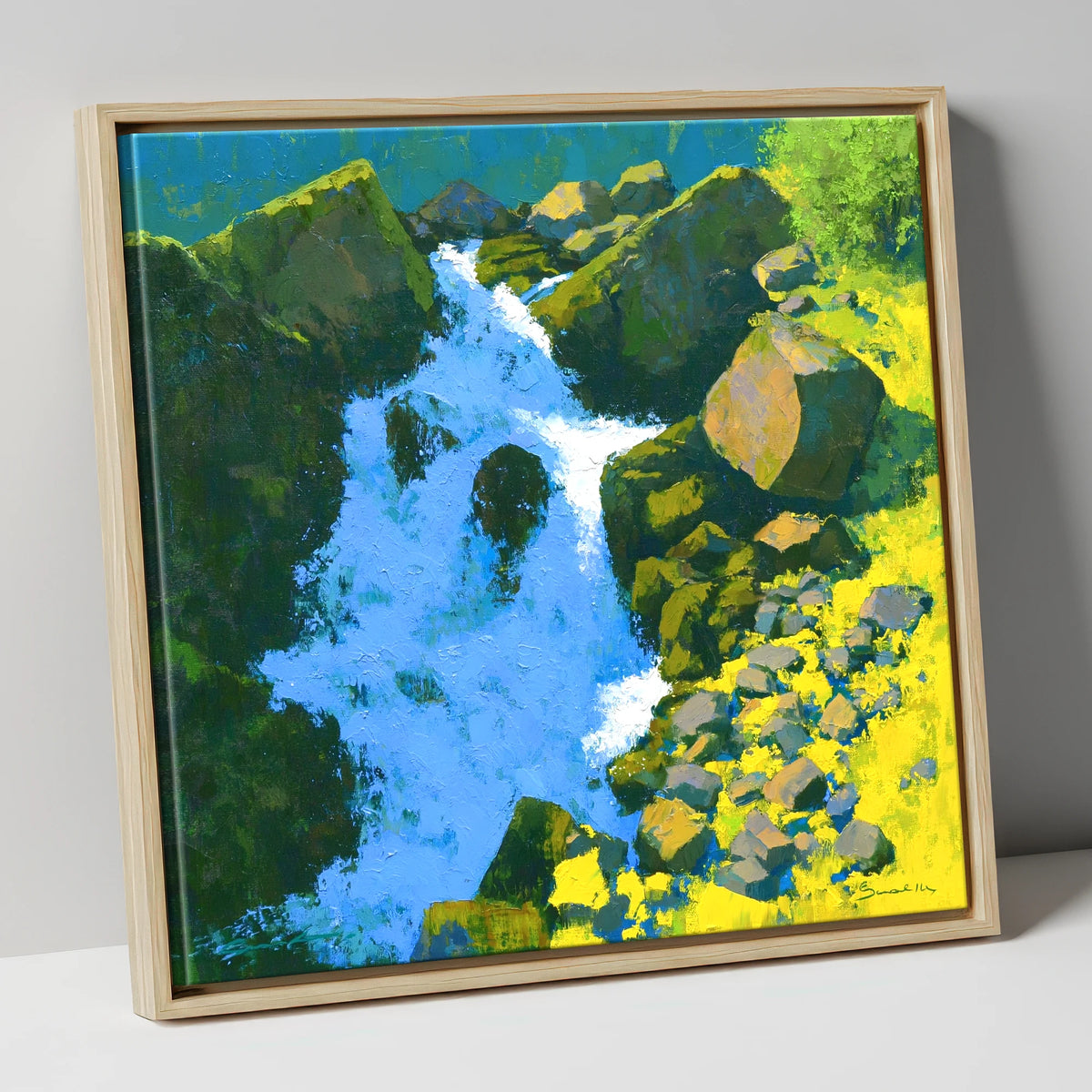 Vibrant Ghyll Waterfall and Sunlit Rocks lake district waterfall canvas wall art in natural frame