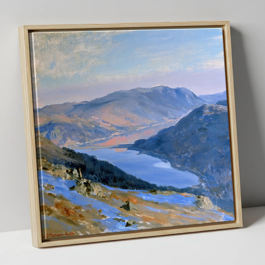 Sunlit Thirlmere from Western Fells lake district lake canvas wall art in natural frame