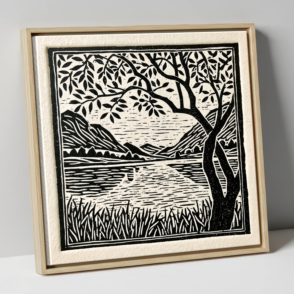 Still Dawn Lake in Monochrome lake district lake canvas wall art in natural frame