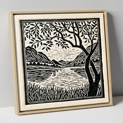 Still Dawn Lake in Monochrome lake district lake canvas wall art in natural frame
