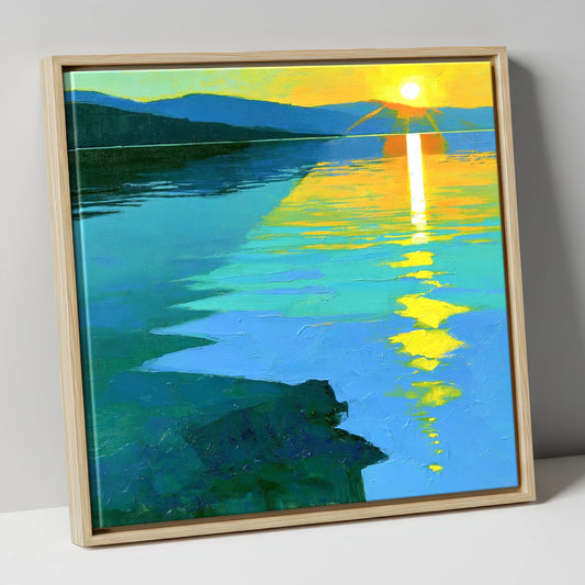Ultramarine Sunset Over the Lake lake district lake canvas wall art in natural frame