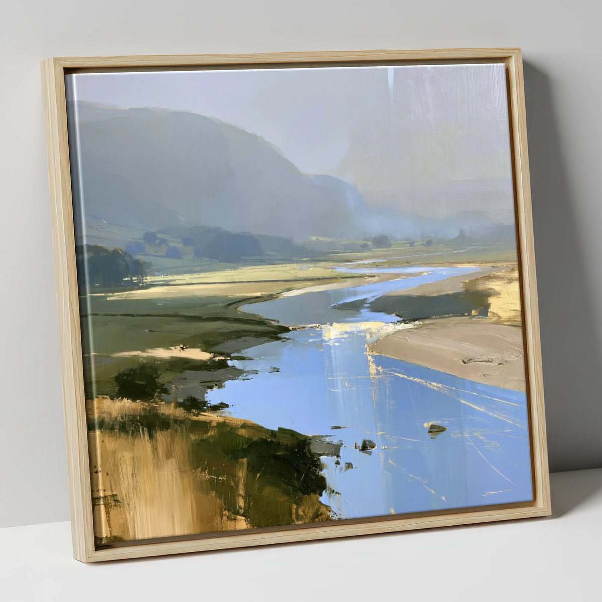 Winding River and Hazy Fells lake district waterfall canvas wall art in natural frame