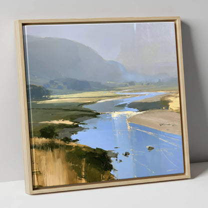 Winding River and Hazy Fells lake district waterfall canvas wall art in natural frame