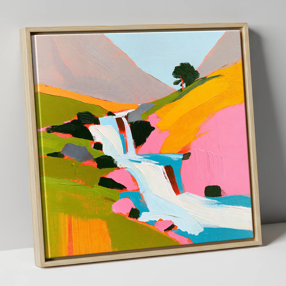 Vibrant Fellside Beck Waterfall lake district waterfall canvas wall art in natural frame