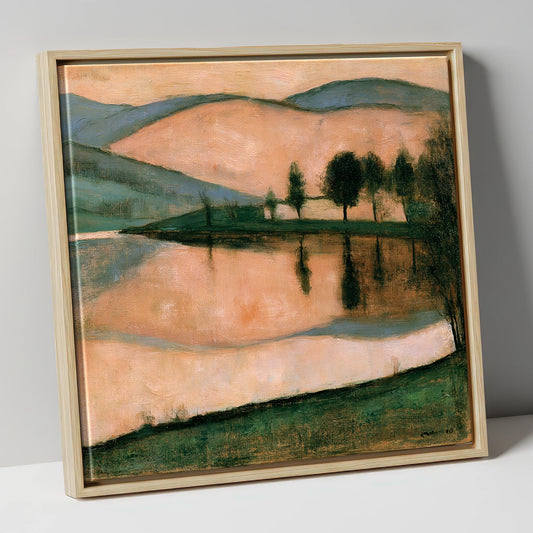 Terracotta Dawn Over Still Lake lake district lake canvas wall art in natural frame