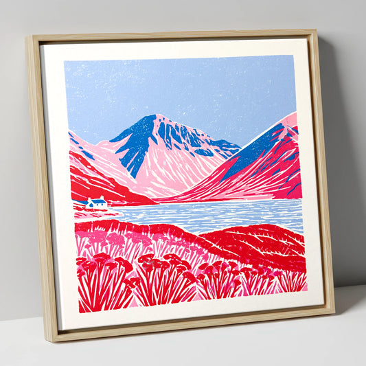 Vibrant Red Wasdale Fells lake district valley canvas wall art in natural frame