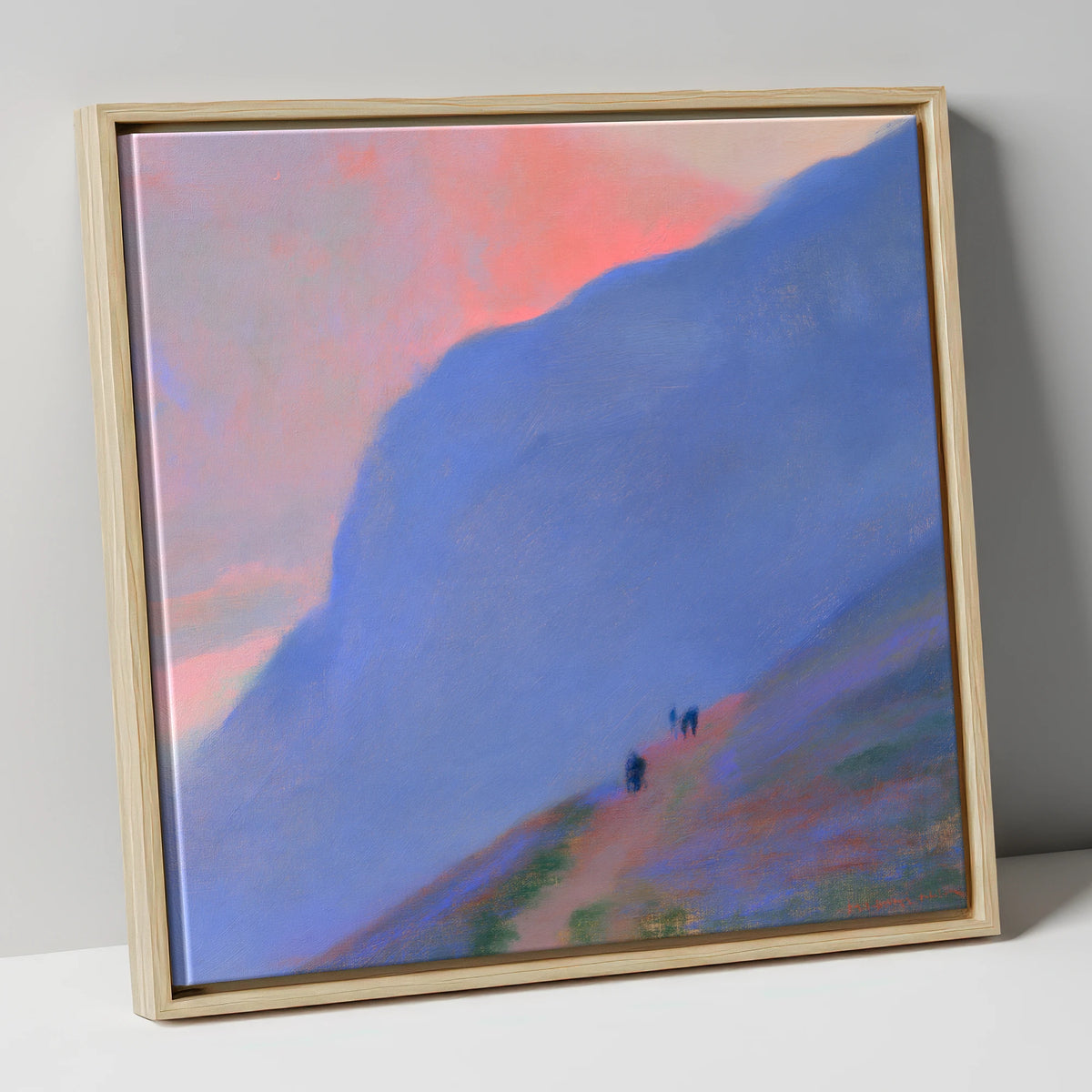 Walkers Ascending the Twilight Fell lake district walking canvas wall art in natural frame