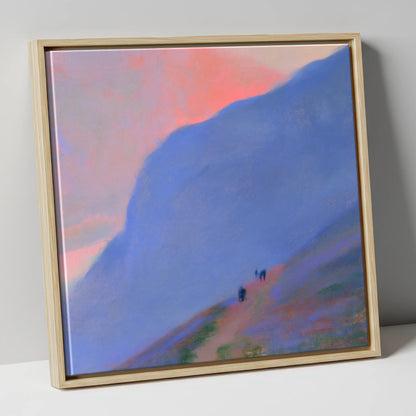 Walkers Ascending the Twilight Fell lake district walking canvas wall art in natural frame