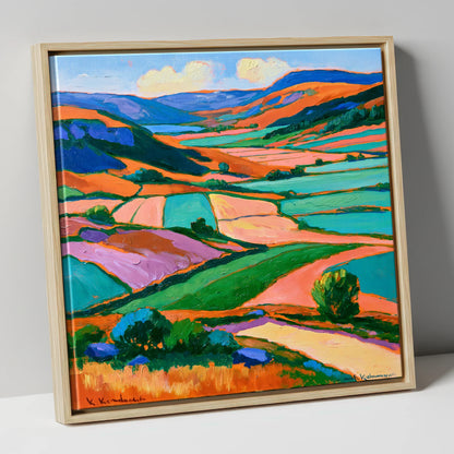 Vibrant Dale Patchwork Fields lake district valley canvas wall art in natural frame