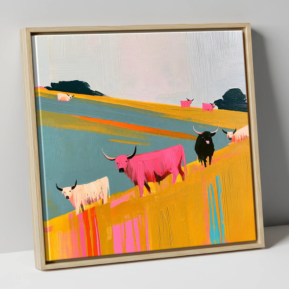 Colourful Highland Cattle Grazing lake district wildlife canvas wall art in natural frame
