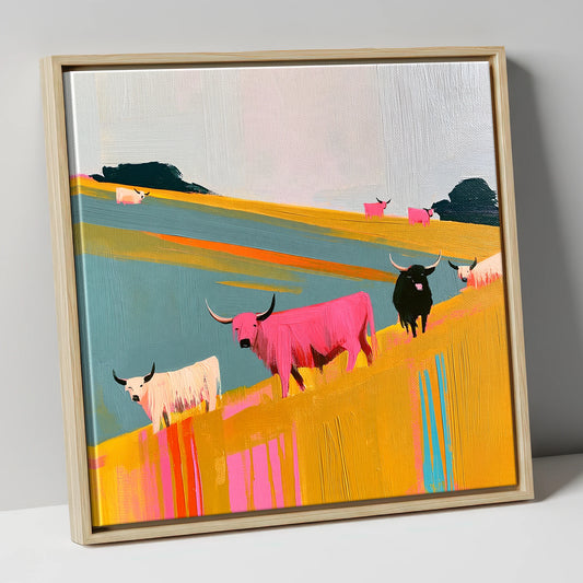 Colourful Highland Cattle Grazing lake district wildlife canvas wall art in natural frame