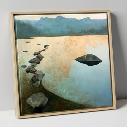 Scattered Rocks on Golden Elterwater lake district lake canvas wall art in natural frame