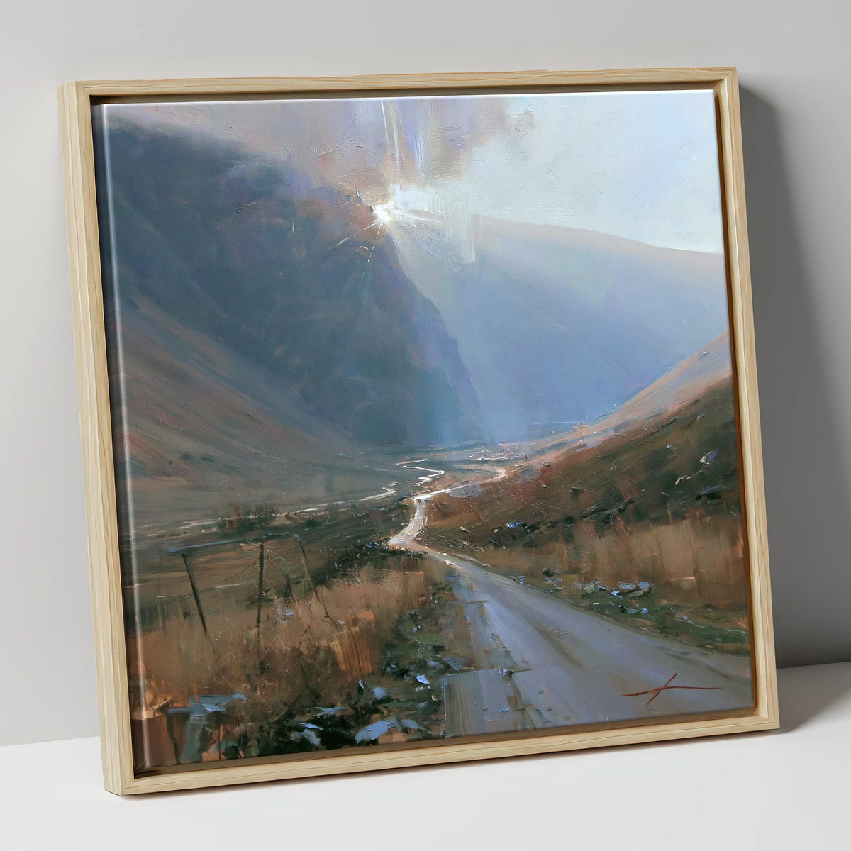 Mountain Pass in Breaking Light lake district valley canvas wall art in natural frame