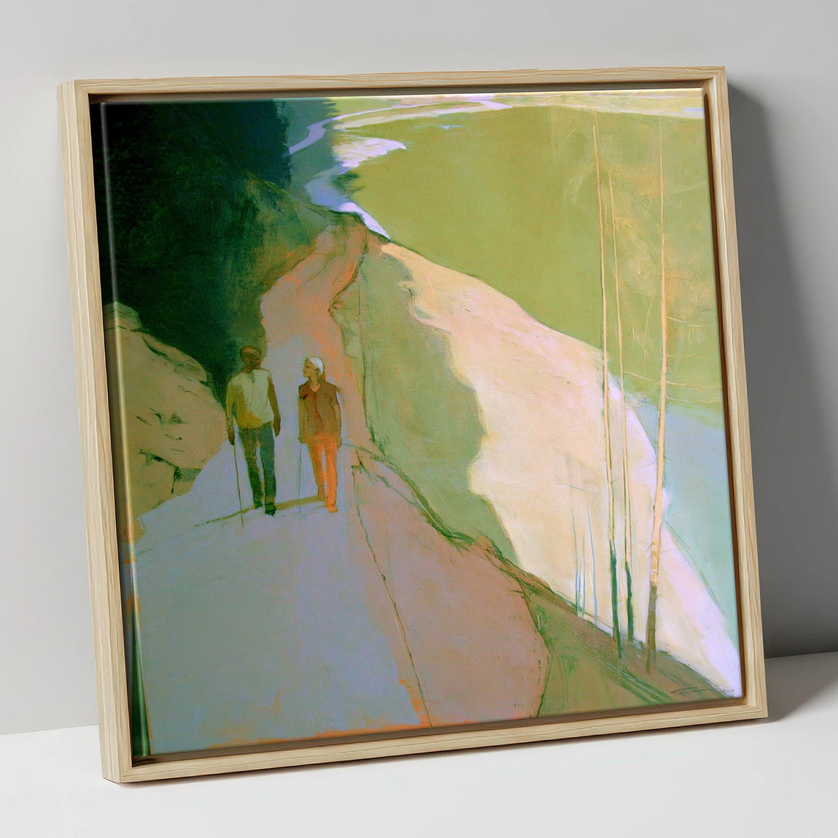 Hikers on Lakeside Mountain Path lake district walking canvas wall art in natural frame