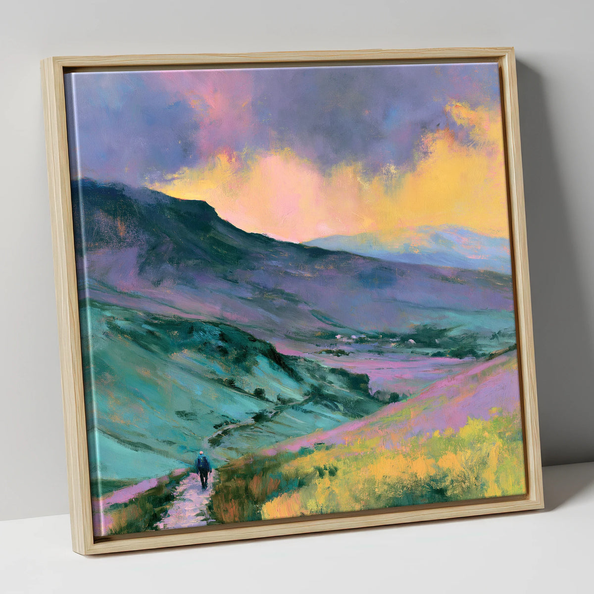 Fell Walker in Pastel Fells lake district walking canvas wall art in natural frame